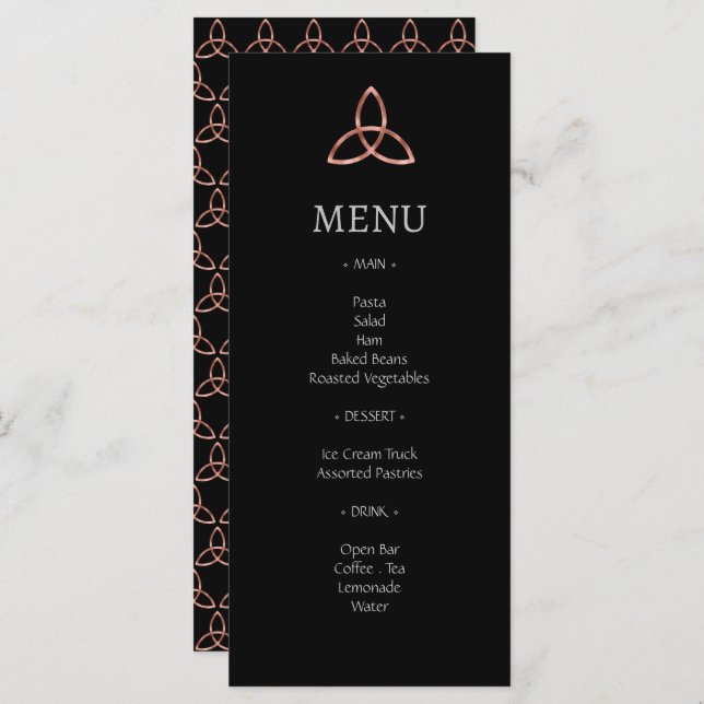 Black Rose Gold Trinity Celtic Knot Wedding Menu (Front/Back)