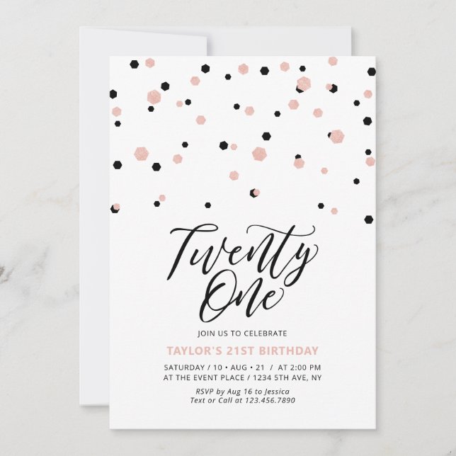 Black & Rose Gold Twenty One 21st Birthday Party Invitation (Front)