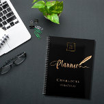 Black rose gold typography business logo 2025 planner<br><div class="desc">A chic black background,  decorated with a feather pen.  Personalise and add your business,  company logo,  name and year.  Golden text: Planner</div>