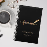 Black rose gold typography elegant 2024 planner<br><div class="desc">A chic black background,  decorated with a feather pen.  Personalise and add a name and year.  Golden text: Planner</div>