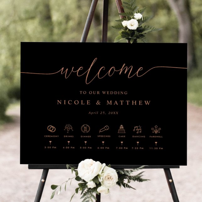 Black, Rose Gold Wedding Welcome Sign and Timeline (Creator Uploaded)