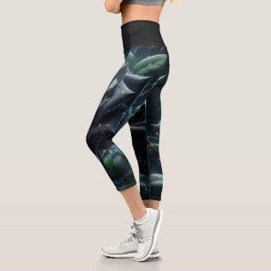 Black Rose Green Floral Flowers Capri Leggings