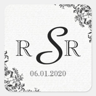 Black Rose Love Letter Wedding Monogram Square Sticker