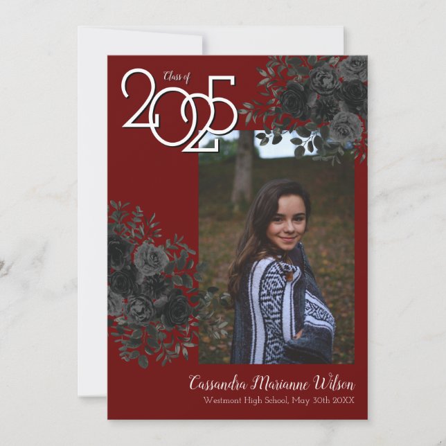 Black Rose Maroon Gothic Graduation Announcement (Front)