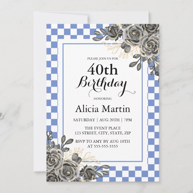 Black Rose Purple Blue & White Chequered Birthday  Invitation (Front)