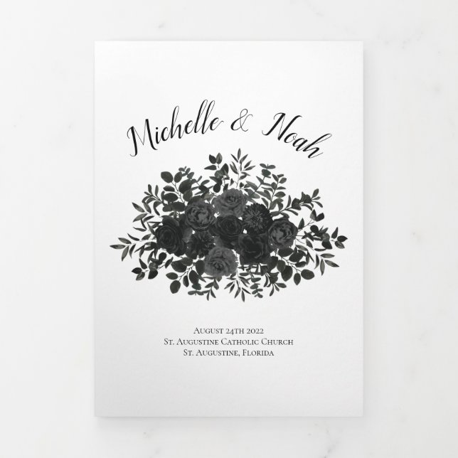 Black Rose White Gothic Wedding Tri-Fold Programme (Cover)