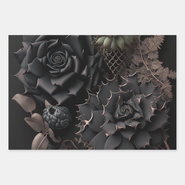 Black Roses and Succulents Goth and Bohemian Wrapping Paper Sheet (Front)