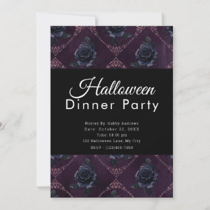 Black Roses Dark Purple Halloween Dinner Party Invitation