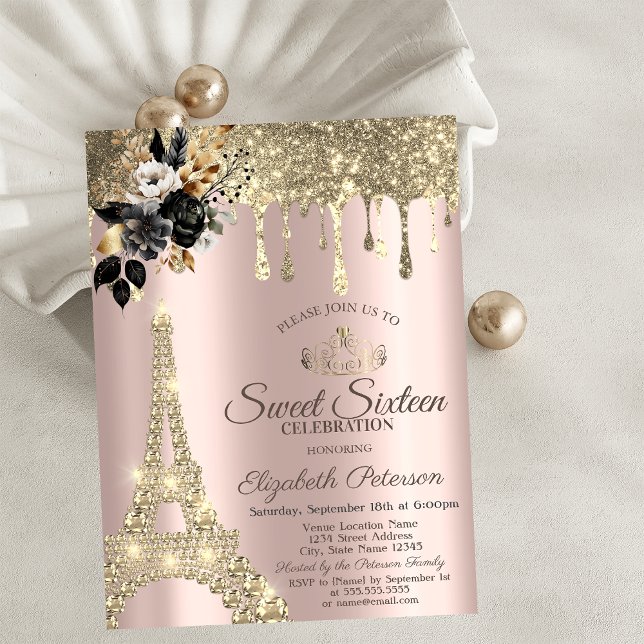 Black Roses Eiffel Tower Gold Drips Sweet 16 Invitation (Creator Uploaded)