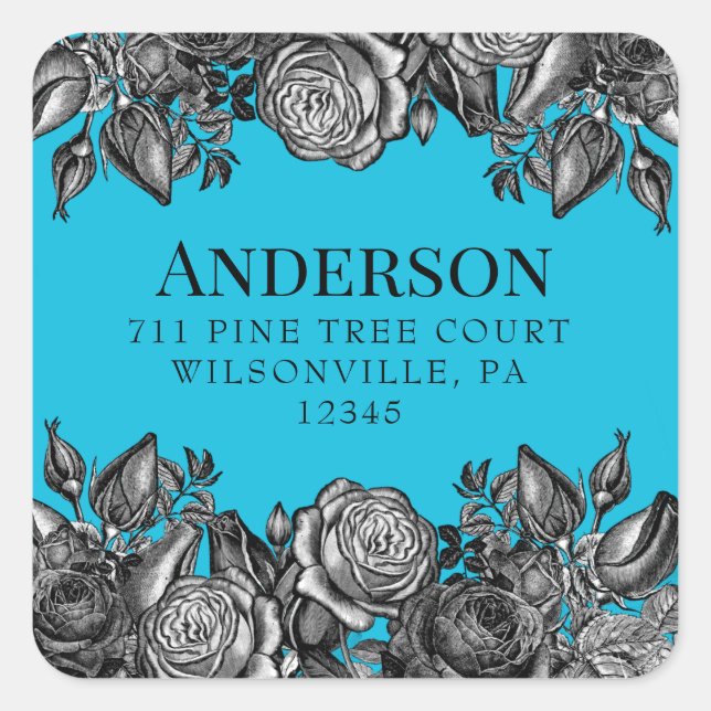 Black Roses Electric Blue Wedding Return Address Square Sticker (Front)