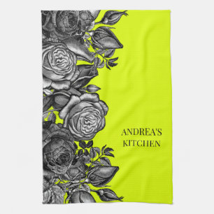 Black Roses Electric Lime Green Your Message Tea Towel