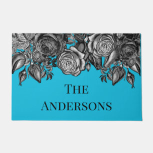 Black Roses Family Name Electric Blue Doormat