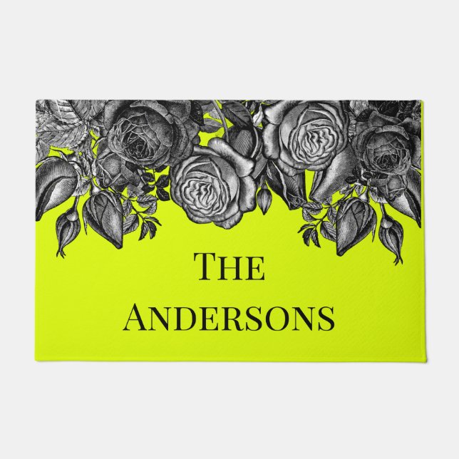 Black Roses Family Name Electric Lime Green Doormat (Front)
