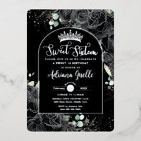 Black Roses Floral Black Silver Sweet 16 Birthday