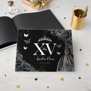 Black Roses Floral Butterflies Silver Quinceañera  Guest Book