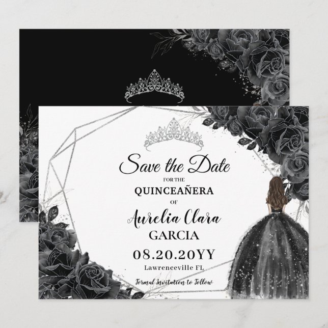 Black Roses Floral Dress XV 15 Silver Quinceañera Save The Date (Front/Back)