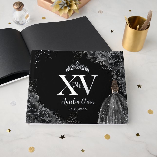 Black Roses Floral Girl Dress Silver Quinceañera  Guest Book (Front Open)