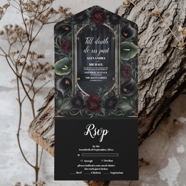 Black Roses Floral Gothic Halloween Wedding All In One Invitation (Creator Uploaded)
