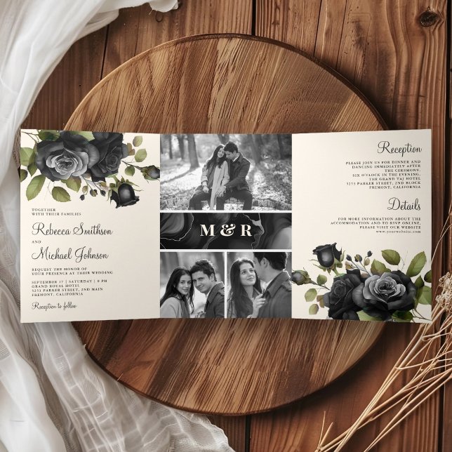 Black Roses Floral Photo Collage Cream Wedding Tri-Fold Invitation (Creator Uploaded)