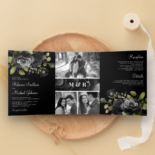 Black Roses Floral Photo Collage Gothic Wedding Tri-Fold Invitation