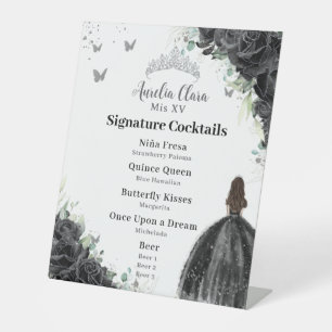 Black Roses Floral Quinceañera Cocktails Bar Menu Pedestal Sign