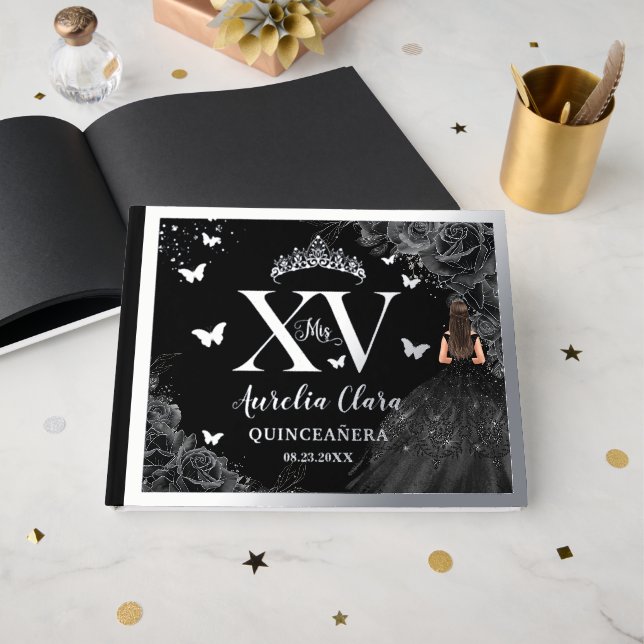 Black Roses Floral Quinceañera Quince 15 XV Silver Guest Book (Front Open)