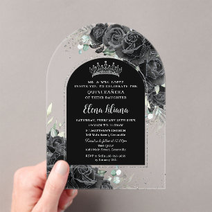 Black Roses Floral Silver Quinceanera Sweet 16  Acrylic Invitations