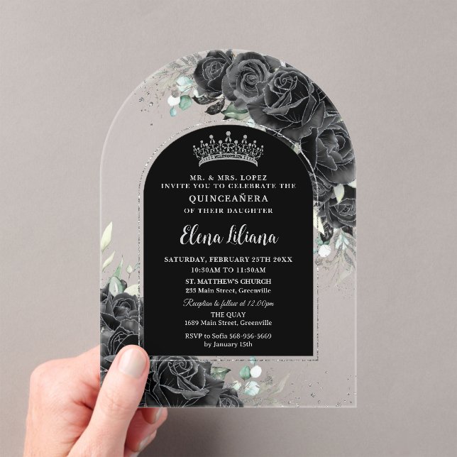 Black Roses Floral Silver Quinceanera Sweet 16  Acrylic Invitations (Insitu (Handheld))