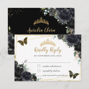 Black Roses Flowers Gold Quinceañera Butterflies RSVP Card