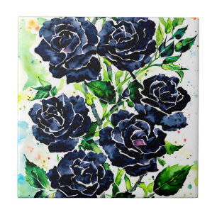 Black Roses Flowers Goth Art Watercolor Painting Ceramic Tile