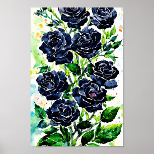 Black Roses Flowers Goth Art Watercolor Painting Poster