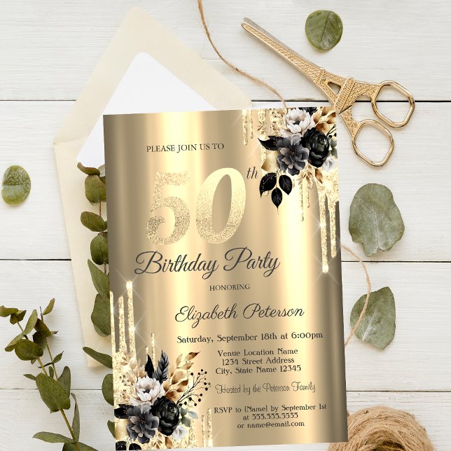 Black Roses Glitter Drips Gold 50th Birthday Invitation (Creator Uploaded)