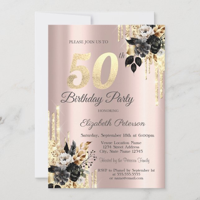 Black Roses Glitter Drips Rose Gold 50th Birthday Invitation (Front)