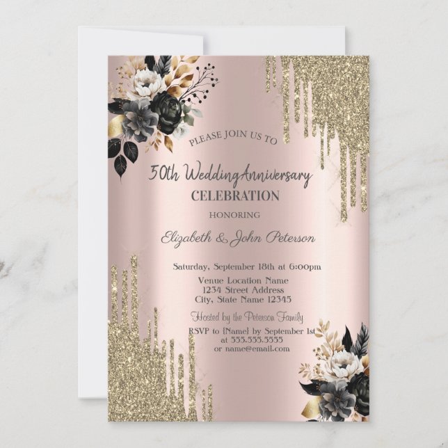 Black Roses Glitter Drips Wedding Anniversary Invitation (Front)