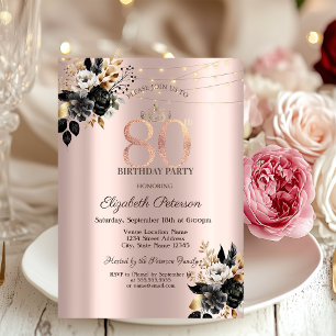 Black Roses Glitter Rose Gold 80th Birthday Invitation