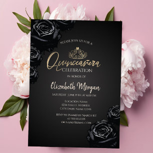 Black Roses Gold Tiara Black Quinceañera  Invitation