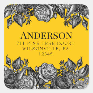 Black Roses Goldenrod Square Return Address Sticker