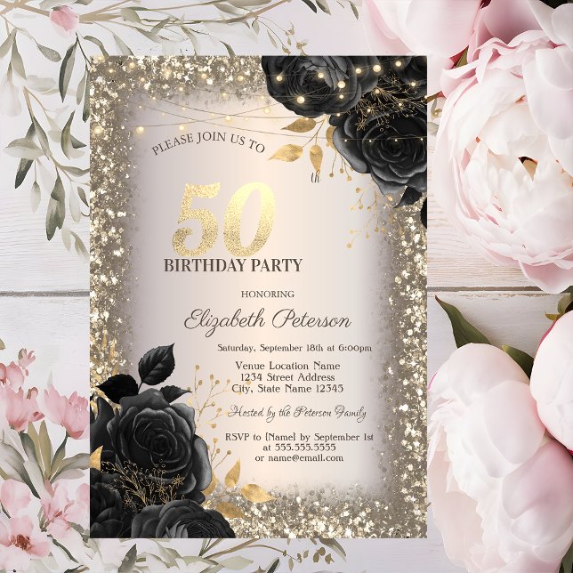 Black Roses,Lights Glitter Frame 50th Birthday Invitation (Creator Uploaded)