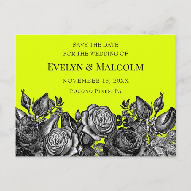 Black Roses Lime Green Save the Date STD Announcement Postcard (Front)