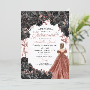 Black Roses Pink Butterfly Glitter Quinceañera Invitation