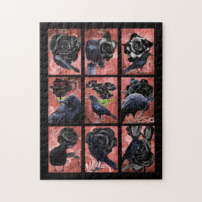 Black roses ravens and crows gothic art collage jigsaw puzzle (Vertical)