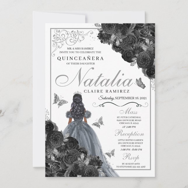 Black Roses Silver Butterfly Princess Quinceañera Invitation (Front)