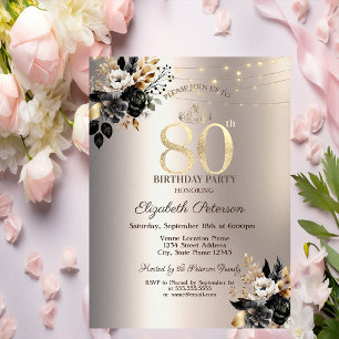 Black Roses String Light Ivory 80th Birthday   Invitation