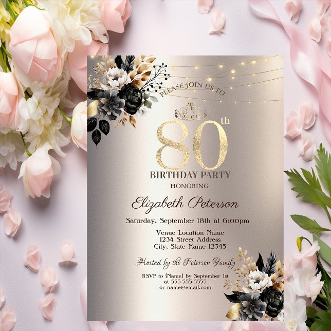 Black Roses String Light Ivory 80th Birthday   Invitation (Creator Uploaded)