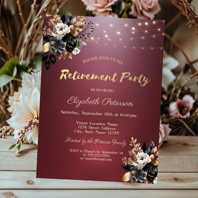 Black Roses String Light Red Retirement Party Invitation (Creator Uploaded)