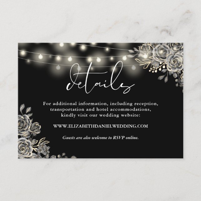 Black Roses String Lights Gothic Wedding Details Enclosure Card (Front)
