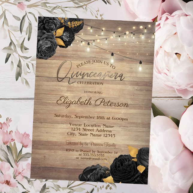 Black Roses,String Lights,Wood Texture Quinceañera Invitation (Creator Uploaded)