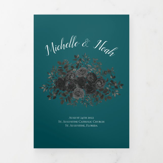 Black Roses Teal Wedding Tri-Fold Programme (Cover)