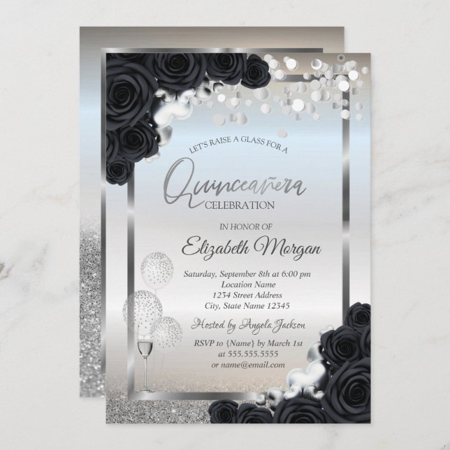 Black Roses Wine Glass Balloons Quinceañera Invitation (Front/Back)