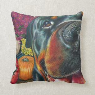Black Rottweiler Dog Autumn Harvest Pumpkin Art Cushion